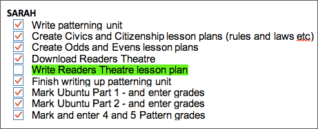 SARAH Write patterning unit Create Civics and Citizenship lesson plans (rules and laws etc) Create Odds and Evens lesson plans Download Readers Theatre Write Readers Theatre lessOhlt?l?h Finish writing up patterning unit Mark Ubuntu Part 1 - and enter grades Mark Ubuntu Part 2 - and enter grades Mark and enter 4 and 5 Pattern grades 