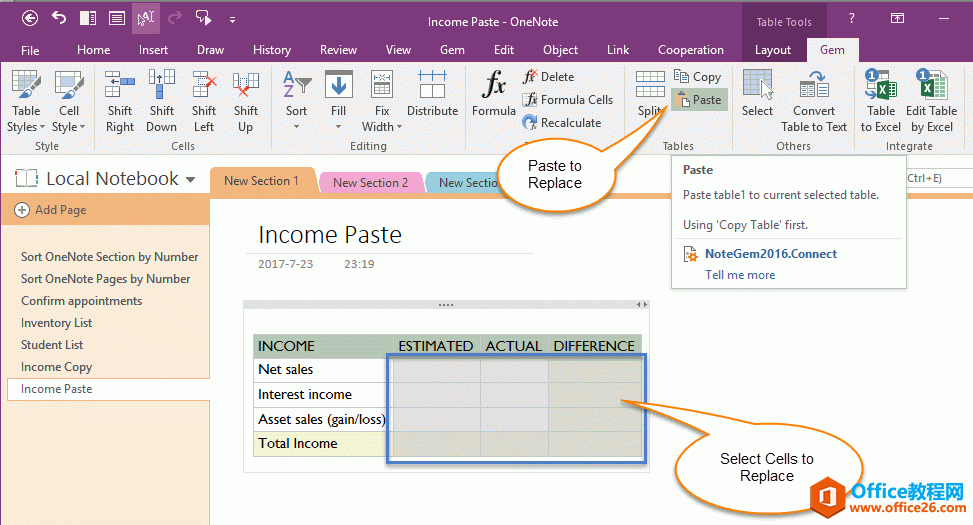 θ OneNote ѡеĵԪݣճ滻һѡеԪ