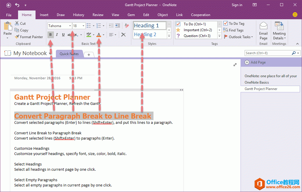 ԶԼ OneNote ʽɫ塢б